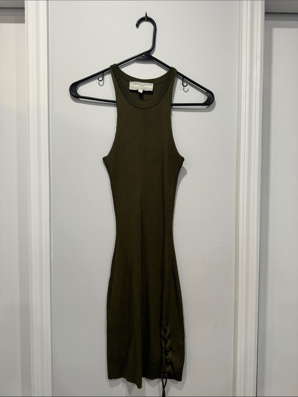 Guess Olive Green Ribbed Lace-Up Midi Dress